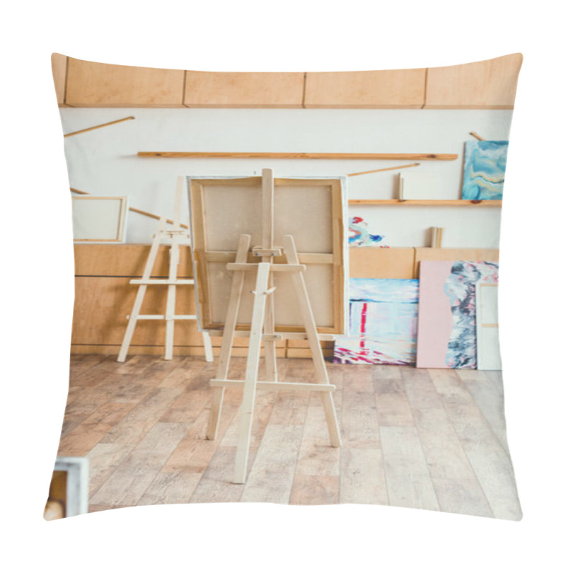 Personality  Spacious Light Painting Studio With Wooden Cabinets, Easels And Paintings Pillow Covers