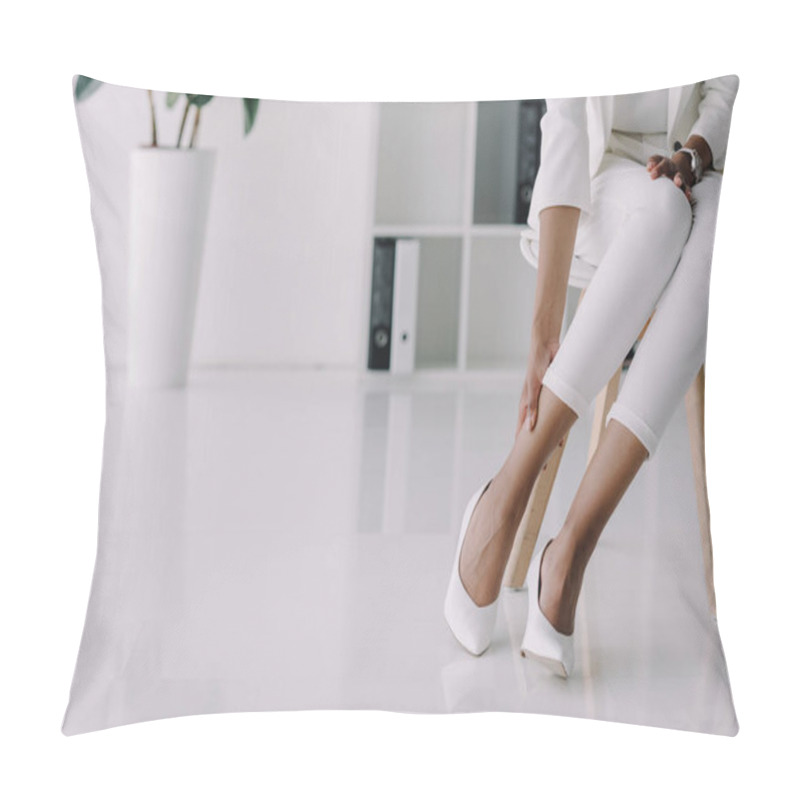 Personality  Cropped Image Of African American Businesswoman Touching Ankle In Office Pillow Covers