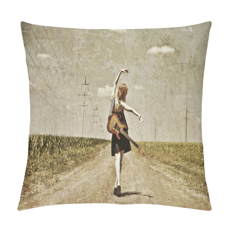 Personality  Rock Girl With Guitar At Countryside. Photo In Old Image Style. Pillow Covers