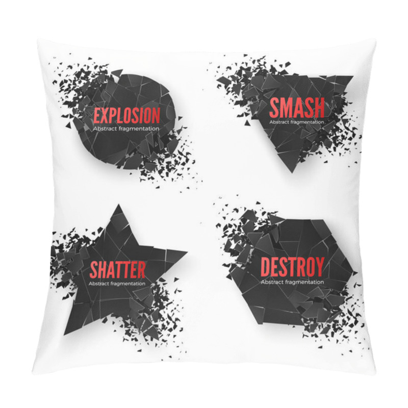 Personality  Set Of Geometric Creative Banners With Space For Text. Circle And Hexagon, Star And Triangle Destruction Shapes. Abstract Explosion Of Black Shapes. Vector Illustration Isolated On White Background Pillow Covers