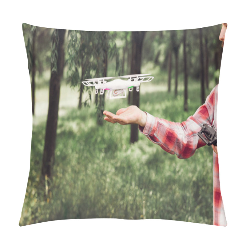 Personality  Unrecognizable Man Running Quadrocopter In Forest Pillow Covers