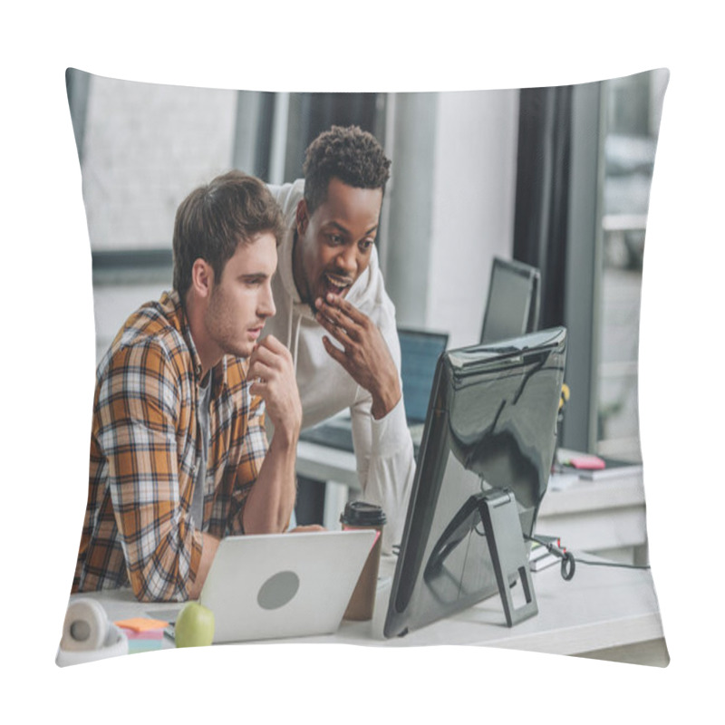 Personality  Two Thoughtful Multicultural Programmers Looking At Computer Monitor While Working In Office Together Pillow Covers