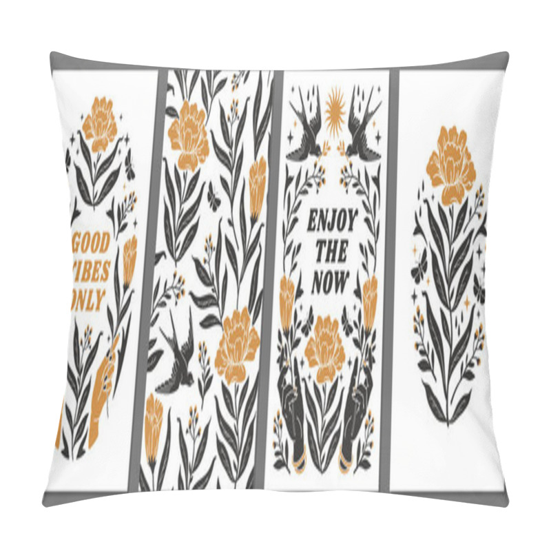 Personality  Boho Mystical Posters With Inspirational Quotes About Energy, Magic And Good Vibes In Trendy Bohemian Tattoo Style. Pillow Covers