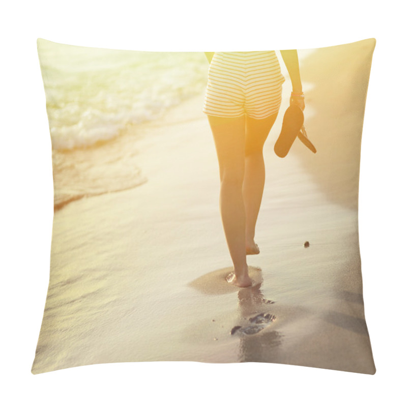 Personality  Beach Travel - Woman Walking On Sand Beach Leaving Footprints In Pillow Covers