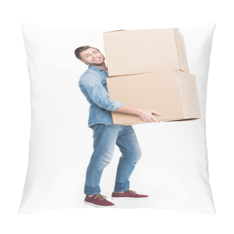 Personality  Man Relocating With Carton Boxes, Isolated On White Pillow Covers