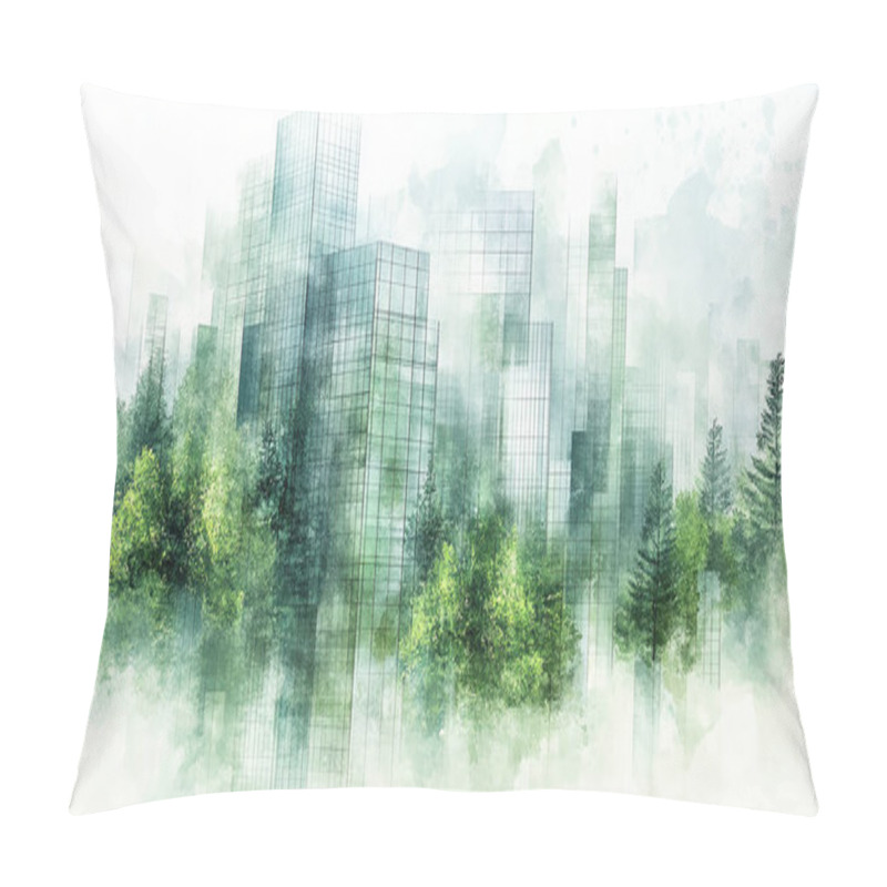 Personality  Exemplifying The ESG Environmental, Social, Governance Concept, A Corporate Glass Building Reflects Green Trees. Sustainability Into Business Practice Watercolor And Grid Line Vector Illustration. Pillow Covers