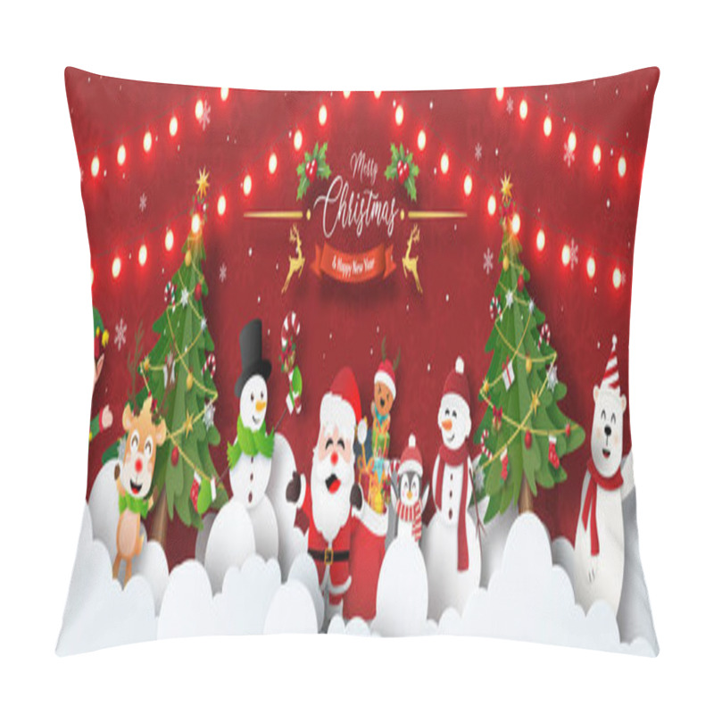 Personality  Merry Christmas And Happy New Year, Christmas Banner Postcard Of Christmas Party With Santa Claus And Friends On The Sky Pillow Covers