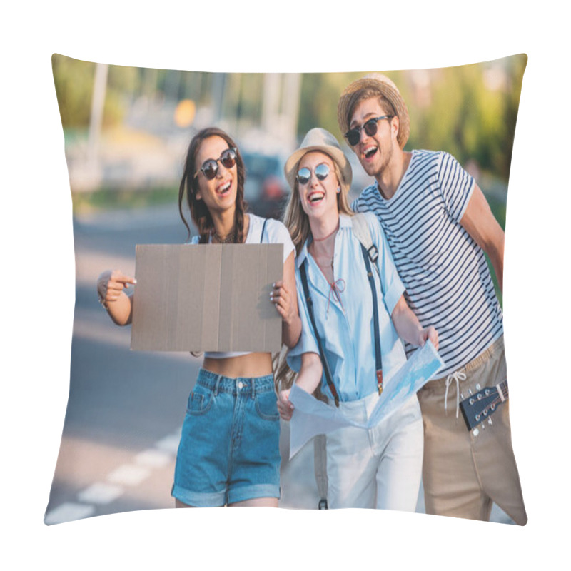 Personality  Multicultural Friends Hitchhiking Together Pillow Covers