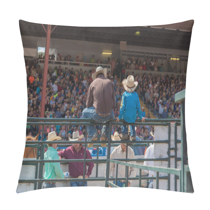 Personality  Williams Lake, British Columbia/Canada - July 2, 2016: Man And Boy Sit On Fence With A Group Of Cowboys, Watching The Action At The 90th Williams Lake Stampede, An Internationally Famous Event. Pillow Covers