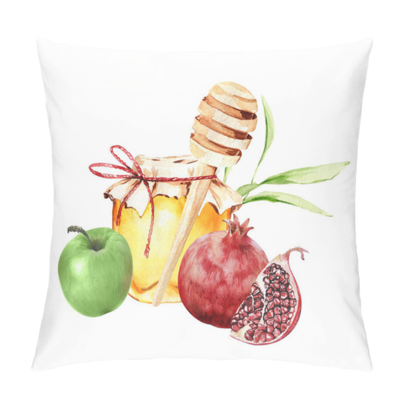 Personality  Jewish Holiday Rosh Hashana Greeting Design With Honey, Pomegranate And Apples. Jewish New Year Celebration. Watercolor Honey Jar And Fruits. Shana Tova Greeting Card Template.  Pillow Covers