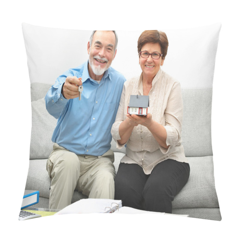 Personality  Happy Senior Couple Holding A Small House Pillow Covers