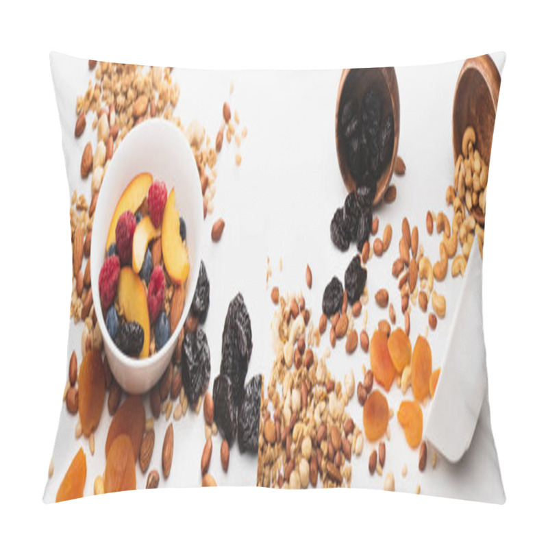 Personality  Collage Of Delicious Granola With Nuts And Dried Fruits Scattered From Bowls On White, Banner Pillow Covers