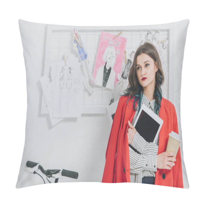 Personality  Pretty Lady Holding Digital Tablet By Mood Board Pillow Covers