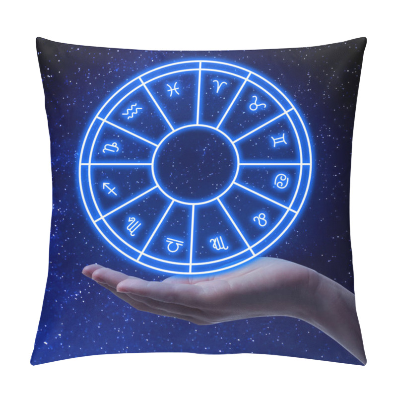 Personality  Astrology. Woman With Zodiac Wheel Against Starry Night Sky, Closeup Pillow Covers