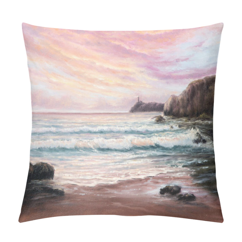 Personality  Original  Oil Painting Of Beautiful Purple Sunset Over Ocean Beach And Lighthouse On Canvas.Modern Impressionism, Modernism,marinis Pillow Covers