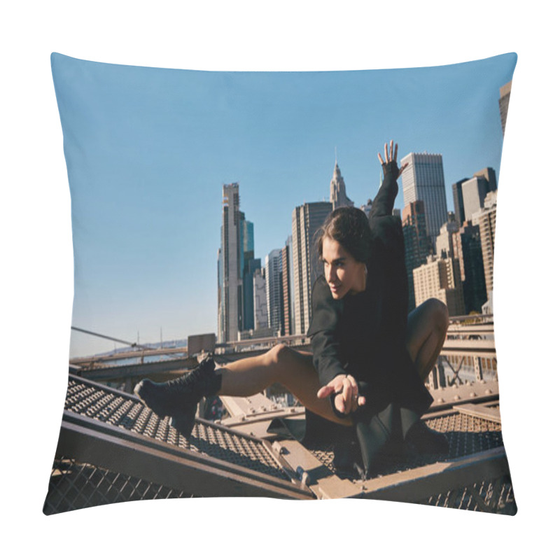 Personality  A Young Woman In A Black Coat Dances On The Brooklyn Bridge In New York City. Pillow Covers