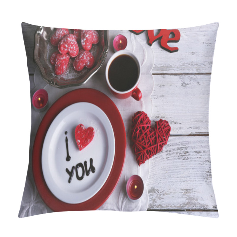 Personality  Cookie In Form Of Heart On Plate With Inscription I Love You On Color Wooden Table Background Pillow Covers