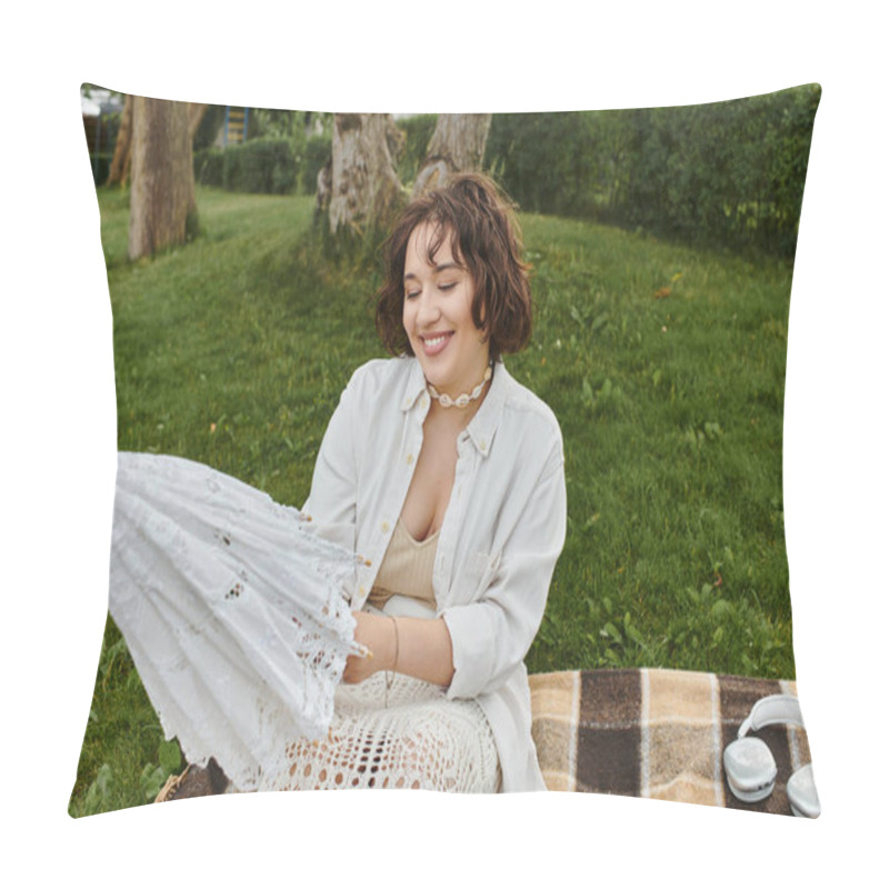 Personality  A Cheerful Woman In A White Shirt Delights In A Summer Picnic, Basking Under A Warm Sky With A Charming Parasol. Pillow Covers