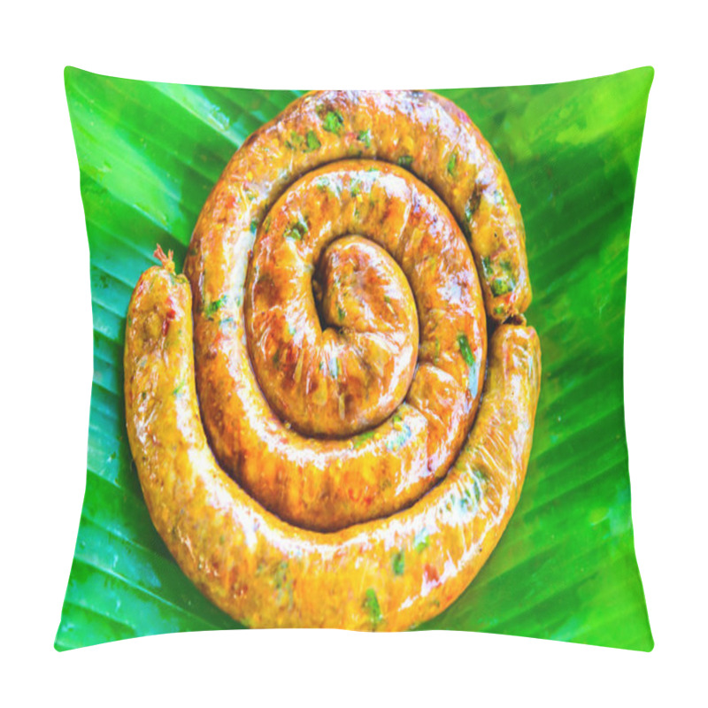 Personality  Food Series : Grilled Sai Oua On Banana Leaves. Sai Aua Or Northern Thai Spicy Sausage. Lanna Style Sausage. Local Cuisine Of Northern Thailand. Chiang Mai Sausage On Banana Leaf. Pillow Covers