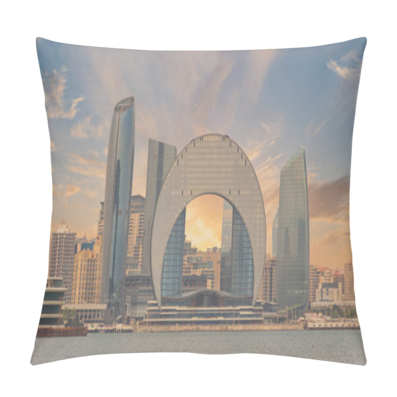 Personality  The Crescent Development Project Features Contemporary Architecture, Including The Crescent Hotel, Set Against A Breathtaking Sunset Along The Caspian Sea Coast In Baku, Azerbaijan Pillow Covers