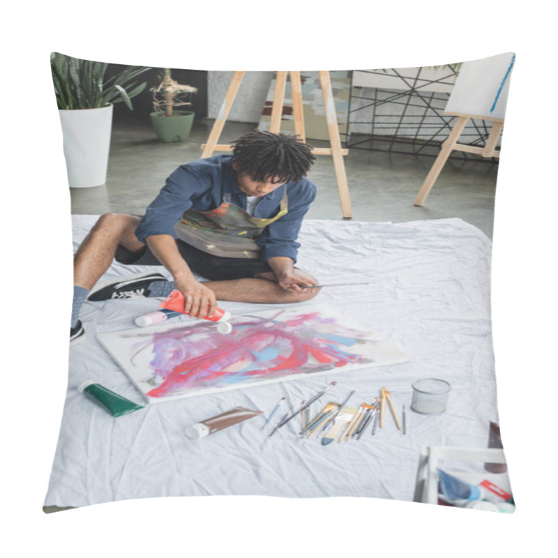 Personality  African American Artist Pouring Paint On Canvas On Cloth In Studio  Pillow Covers