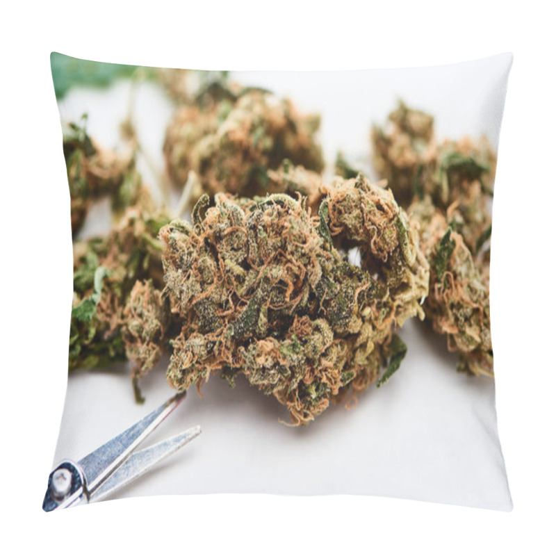 Personality  Close Up View Pf Marijuana Buds And Scissors On White Background Pillow Covers