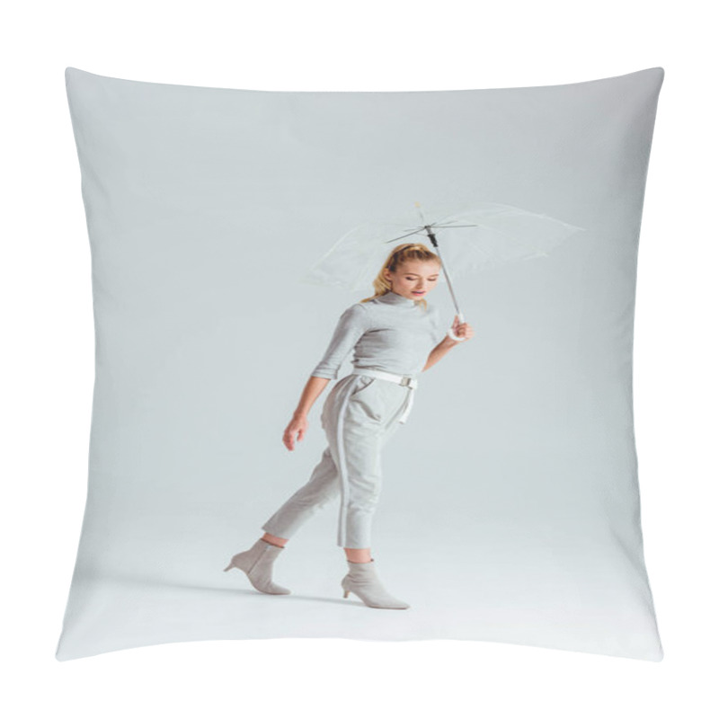 Personality  Attractive Woman In Grey Clothes Posing With Transparent Umbrella On Grey Background Pillow Covers