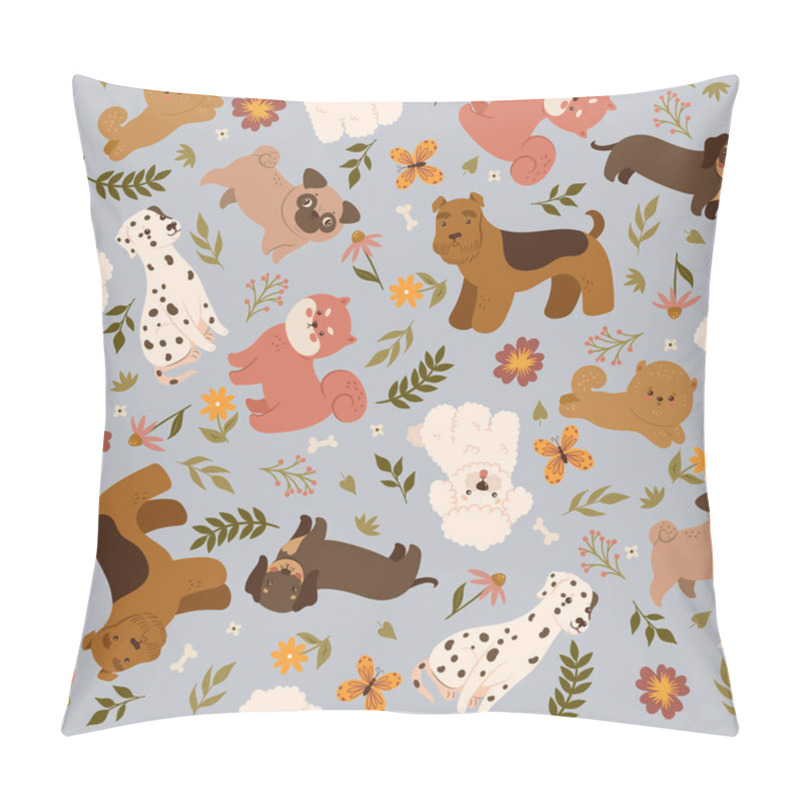 Personality  Seamless Pattern With Cute Dogs And Flowers. Vector Image. Pillow Covers