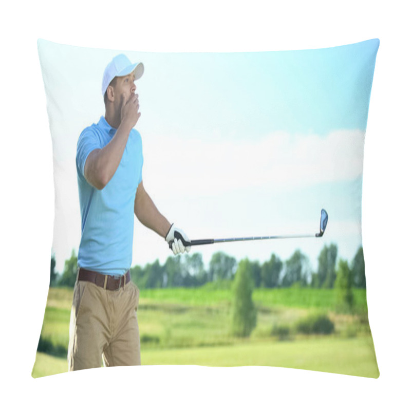 Personality  Young Male Golf Player Hitting Ball, Surprised With Unsuccessful Shot, Bad Luck Pillow Covers