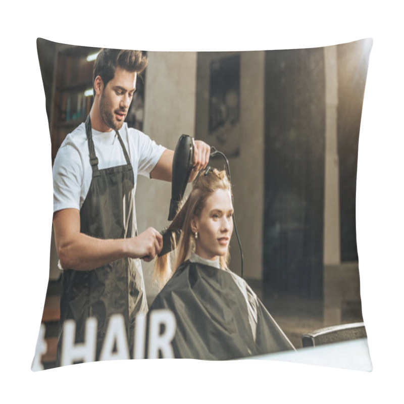 Personality  Reflection In Mirror Of Hairstylist Drying Hair To Beautiful Young Woman In Beauty Salon  Pillow Covers