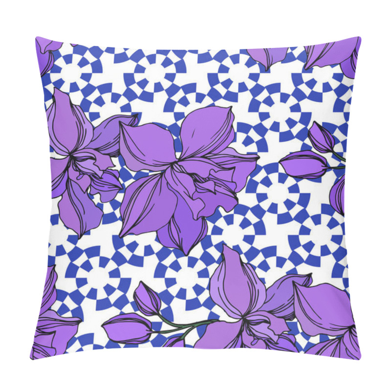 Personality  Vector Orchid Floral Botanical Flowers. Black And Purple Engraved Ink Art. Seamless Background Pattern. Pillow Covers