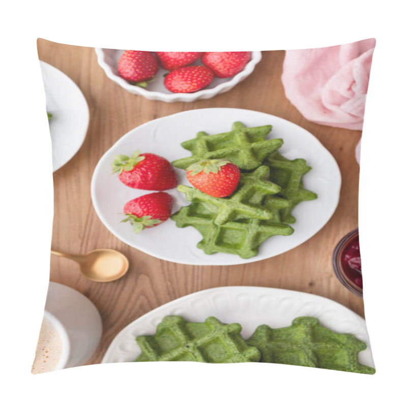 Personality  A Tower Of Green Spinach Waffles Beautifully Garnished With A Single Ripe Strawberry, Offering A Perfect Combination Of Health And Flavor For A Satisfying Morning Meal Pillow Covers