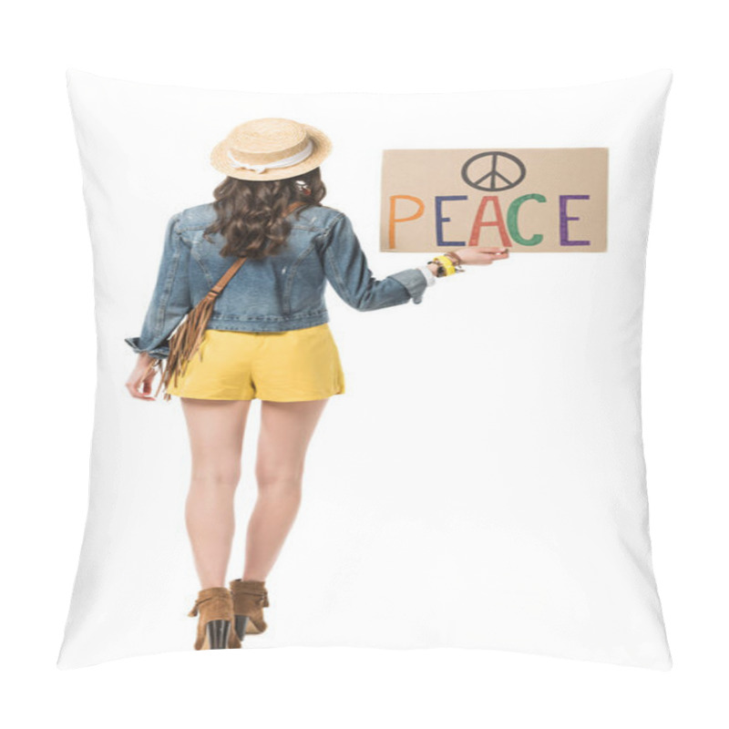 Personality  Back View Of Boho Girl Holding Placard With Inscription Isolated On White Pillow Covers