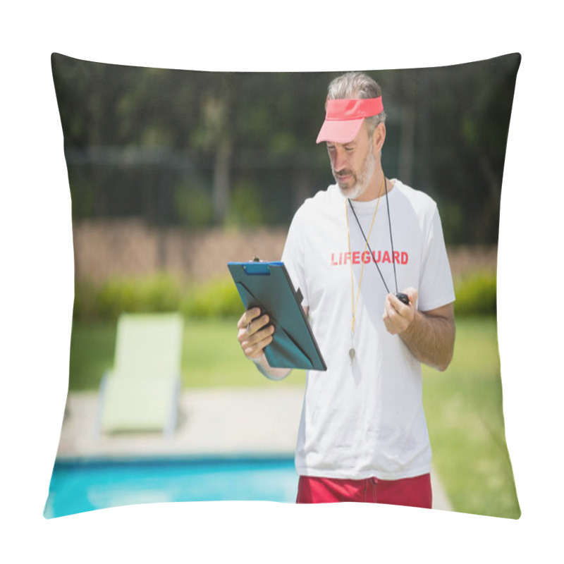 Personality  Swim Coach Looking At Clipboard Near Poolside Pillow Covers