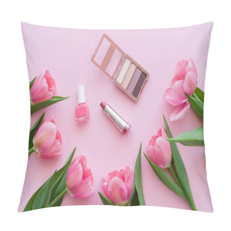 Personality  Top View Of Decorative Cosmetics Near Blooming Tulips On Pink Pillow Covers