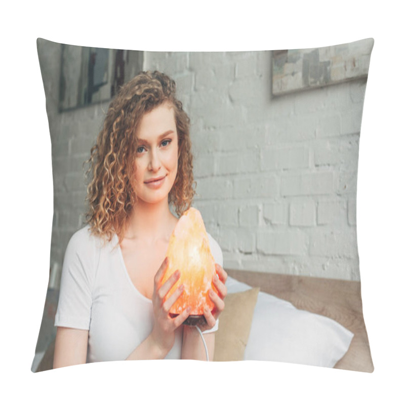 Personality  Happy Curly Girl In Homewear Holding Himalayan Salt Lamp In Bedroom Pillow Covers