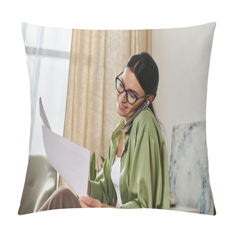 Personality  A Woman Sitting On A Couch, Deep In Thought While Reading A Piece Of Paper. Pillow Covers