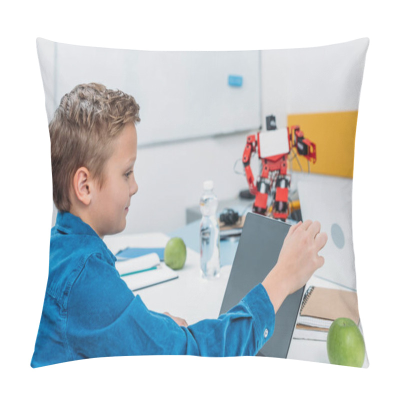 Personality  Schoolboy Sitting At Table With Robot Model And Using Laptop During STEM Lesson   Pillow Covers