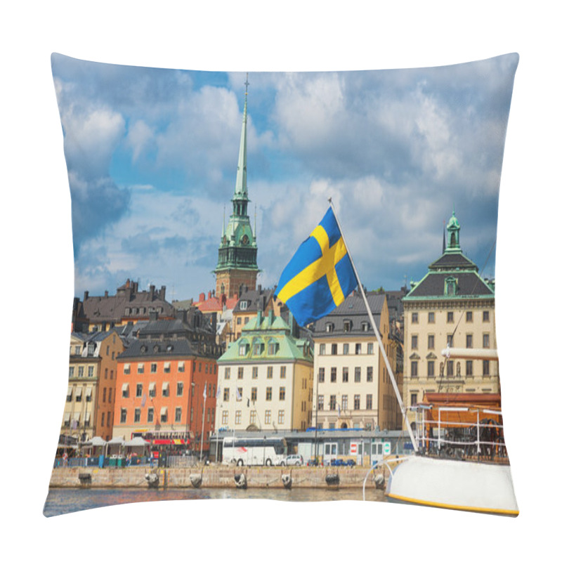 Personality  Swedish Flag With The Old Town In Background Pillow Covers