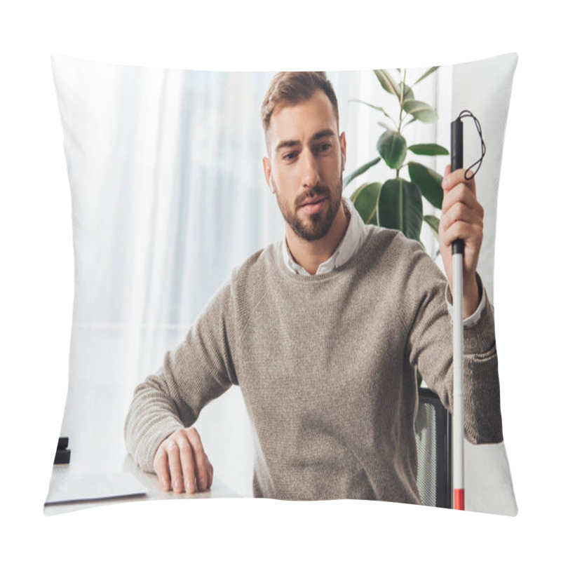 Personality  Visually Impaired Man In Wireless Earphones Holding Walking Stick At Table Pillow Covers