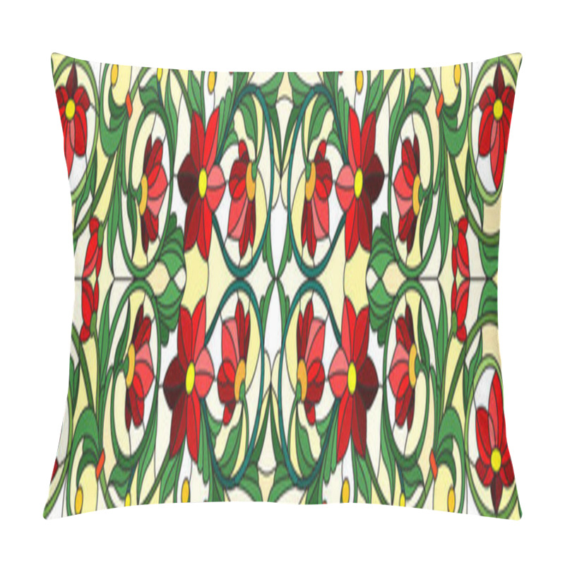 Personality  Illustration In Stained Glass Style With  Red Flowers, Leaves And Buds  On A Yellow Background, Symmetrical Image, Horizontal Orientation Pillow Covers