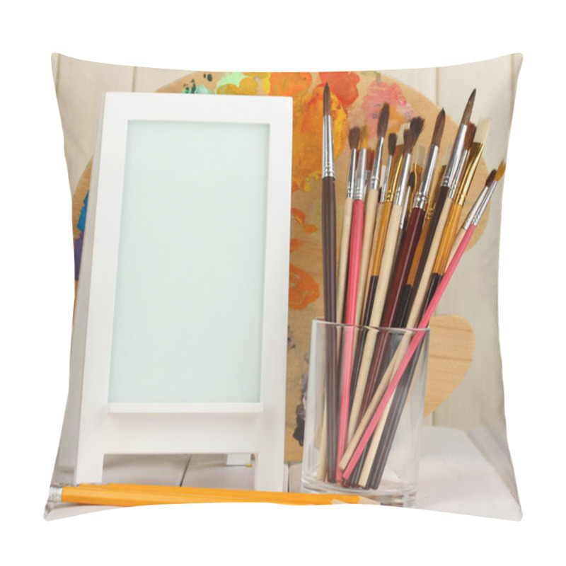 Personality  Photo Frame As Easel With Artist's Tools On Wooden Background Pillow Covers