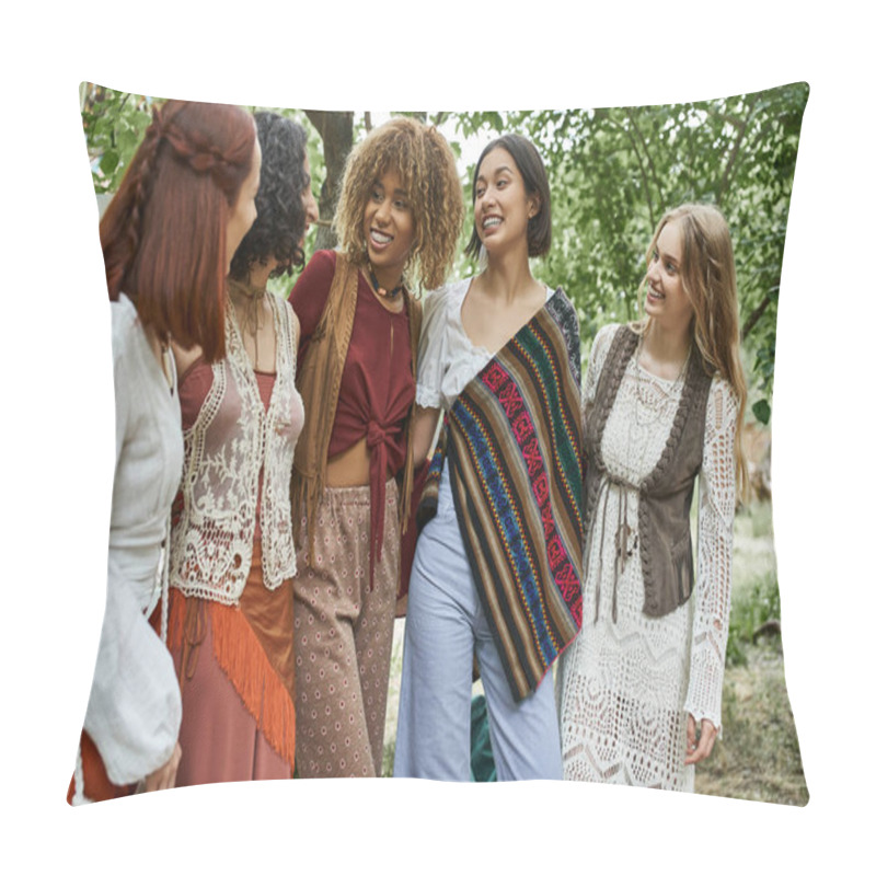 Personality  Cheerful And Stylish Interracial Group Of Women Hugging Outdoors In Retreat Center Pillow Covers