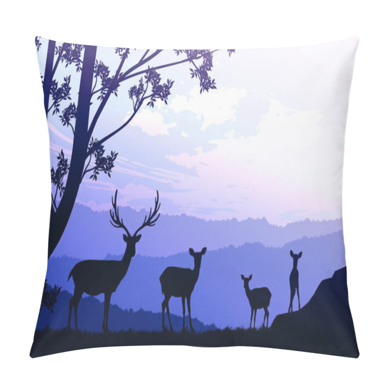 Personality  Herd Of Deer In The Natural Forest. Wild Animals. Mountains Horizon Hills Silhouettes Of Trees. Evening Sunrise And Sunset. Landscape Wallpaper. Illustration Vector Style. Colorful View Background.   Pillow Covers