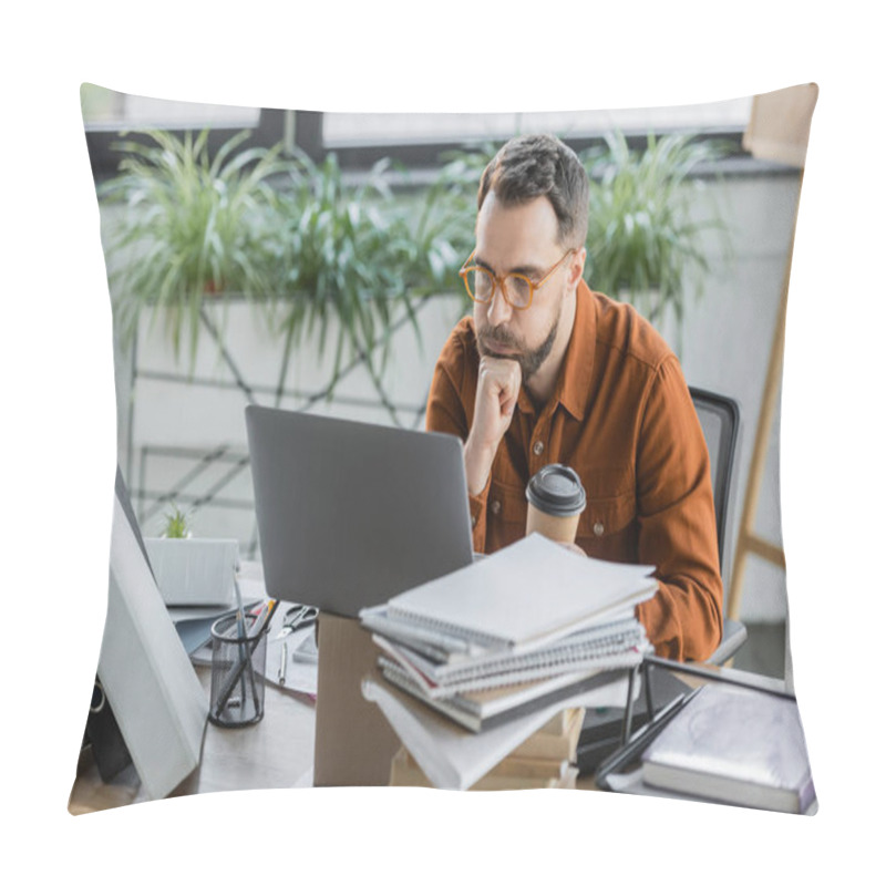 Personality  Deep In Thought Businessman Puffing Cheeks While Solving Problem Near Laptop On Carton Box, Takeaway Drink, Pile Of Books And Notebooks, Pen Holder With Pencils And Pens Near Scissors On Desk Pillow Covers