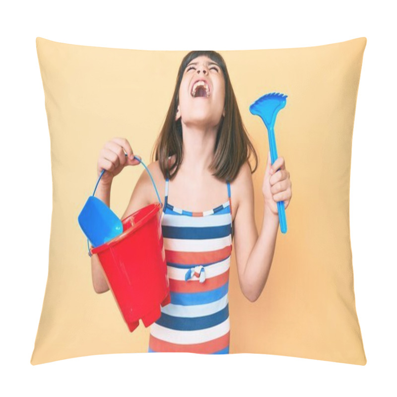 Personality  Young Little Girl With Bang Playing With Summer Shovel And Bucket Toys Angry And Mad Screaming Frustrated And Furious, Shouting With Anger Looking Up.  Pillow Covers