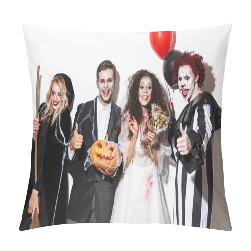 Personality  Group Of Excited Friends Dressed In Scary Costumes Celebrating Halloween Isolated Over White Background, Holding Balloons, Curved Pumpkin, Broom Pillow Covers