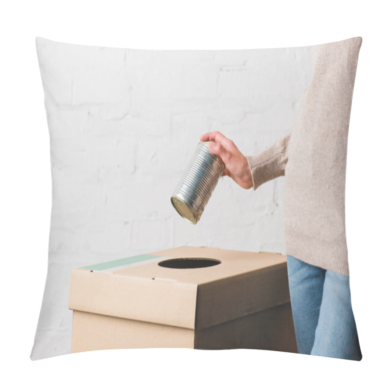 Personality  Partial View Of Woman Throwing Tin Can In Trash Bin Pillow Covers