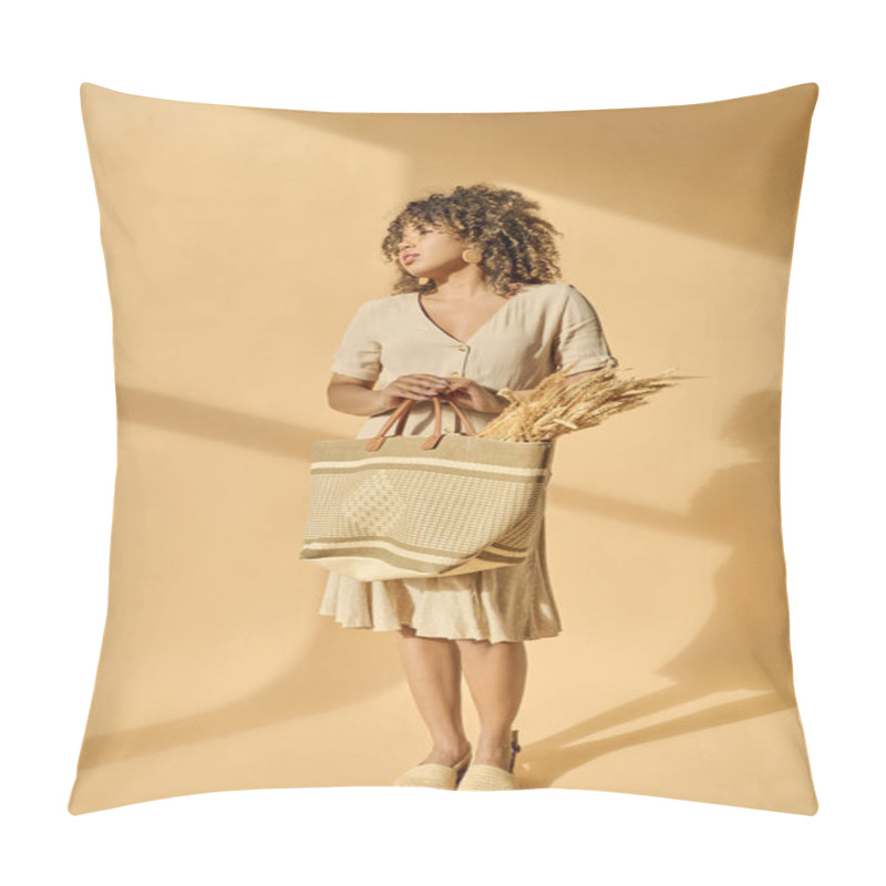 Personality  A Beautiful Young African American Woman With Curly Hair Holding A Basket Filled With Golden Wheat In A Peaceful Studio Setting. Pillow Covers