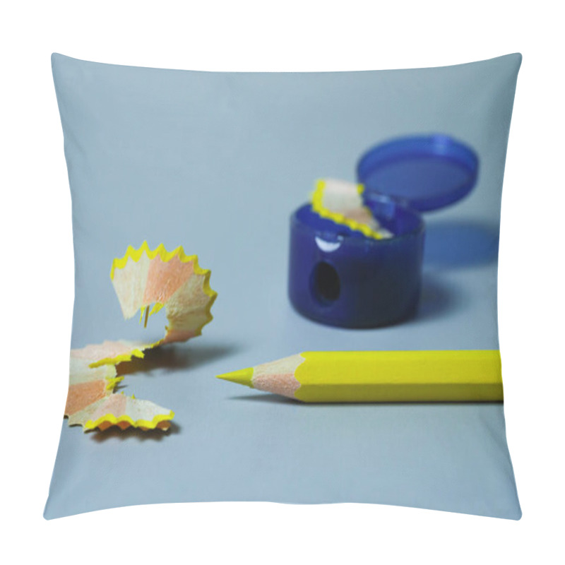 Personality  Sharpened Yellow Pencil And Wood Shavings On Blue Background . The Complementary Colors Yellow And Blue Are Used, So The Picture Plays Great. Calm Blue Background. High Quality Photo Pillow Covers